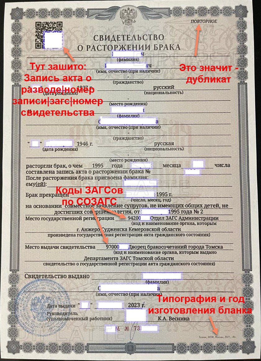 Дубликат свидетельства о расторжении брака из Дворца бракосочетаний г. Томска выданный в 2023 году